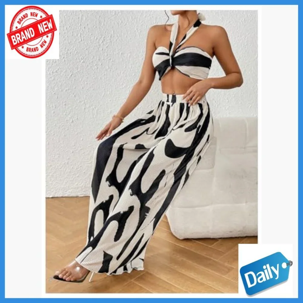 Polyester Knitted Crop Halter Top and Wide Leg Pants Set Size Small